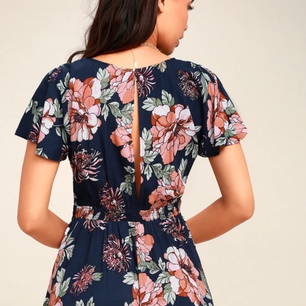 LULUS | Botanic of Time Navy Blue Floral Print Tie-Front Skater Dress | SZ M - Picture 4 of 7